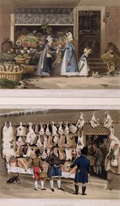 The Meat Stall and the Fruit Stall from the London Markets, engraved by M. Dubourg, 1822